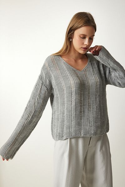 Happiness İstanbul Grauer Oversize-Strickpullover mit Rissen und Details für Damen Kİ00105