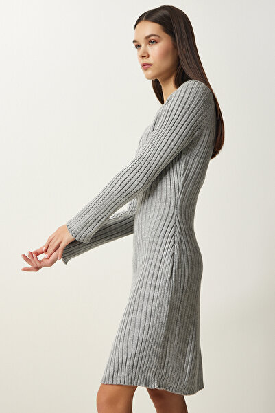 Happiness İstanbul Γυναικείο πλεκτό φόρεμα σε γκρι κορδόνι A-line MT00146