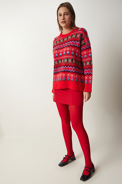 Happiness İstanbul Roter gemusterter Wollstrickpullover für Damen PF00056
