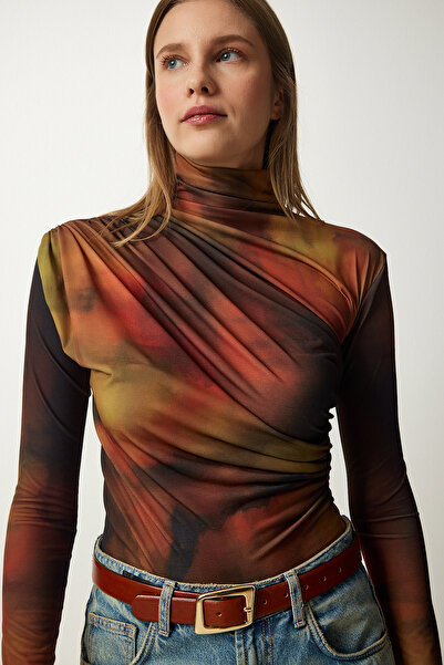 Happiness İstanbul Γυναικεία μπλούζα με ψηλό γιακά σε καφέ ντραπέ, Sandy FF00138