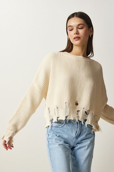 Happiness İstanbul Pulover oversize din tricot cu detalii crem rupte Ki00098