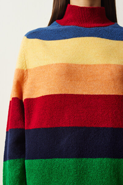 Happiness İstanbul Kadın Kırmızı Blok Renkli Çizgili Oversize Triko Kazak MX00149