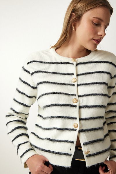 Happiness İstanbul Women's Bone Black Stylish Buttoned Striped Knitwear Cardigan PF00051