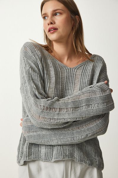 Happiness İstanbul Grauer Oversize-Strickpullover mit Rissen und Details für Damen Kİ00105