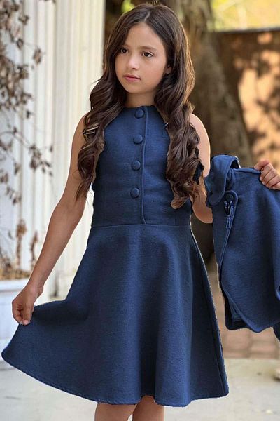 Riccotarz Girl's Sleeveless Stash Navy Blue Dress with Buttons on the Front and Zipper Detail on the Side