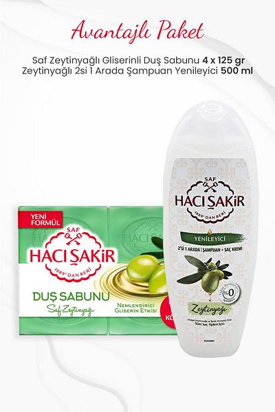 Hacı Şakir 4 Pack Pure Olive Oil Shower Soap and Olive Oil 2 in 1 Shampoo 500 ml