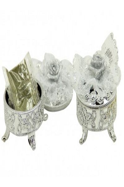 Kazanabil 10 PIECES SILVER EMBROIDERED PATTERNED TULLE ORNAMENTAL FOOT GIFT HENNA BOX