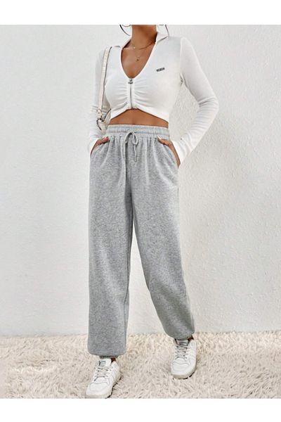 ESPİNA Pantaloni de sport tricotați pentru femei, cu talie și picior elastic, cu trei fire, gri