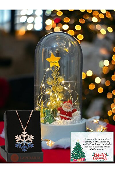 Lapidaria Büyük Boy Noel Baba Temalı Yılbaşı Süslü Peri Led Işıklı Fanus ve Mavi Kartanesi Kolye
