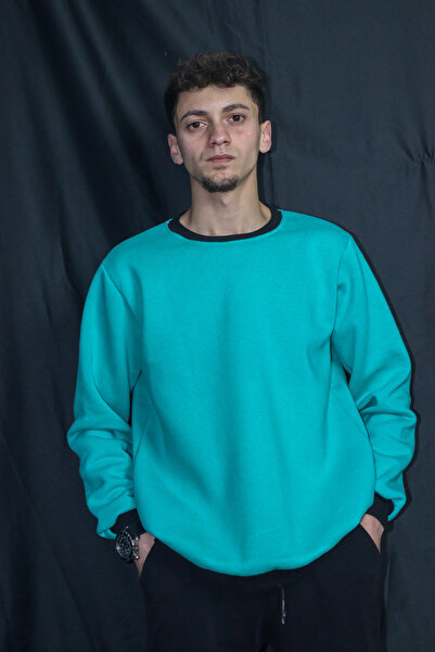 Unısex Su Yeşili Basıc 0 Yaka Baskisiz Bol Kesim Sweatshirt