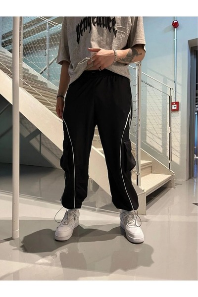 Violon Paraşüt Tarzı Siyah Beyaz Baggy Yazlık Kumaş Lastikli Ayarlanabilir Paça Pantolon