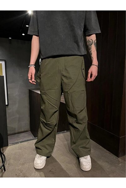 Violon Paraşüt Tarzı Haki Yeşil Baggy Jean Yazlık Kumaş Lastikli Ayarlanabili...