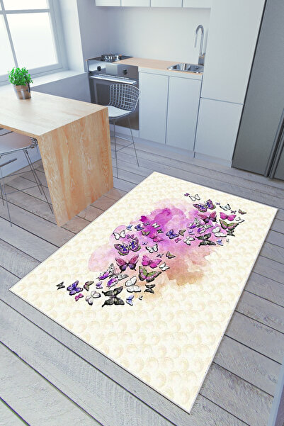 10 Post Online Mutfak Halısı Mor Krem Kelebek Desenli Yolluk Kaymaz Yuvarlak ...