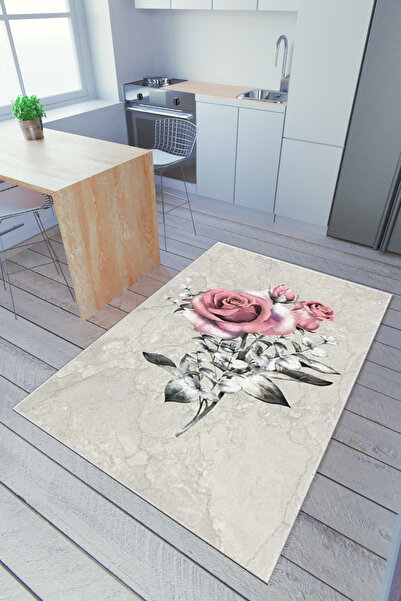 10 Post Online Mutfak Halısı Ekru Pembe Gül Desenli Yolluk Kaymaz Yuvarlak Ov...