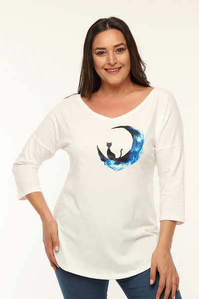 Curvy Trend Plus Size Cat Moon Printed Wide V-Neck Half Sleeve Oval Slit Blouse