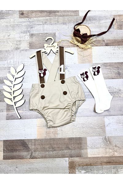 Feriatolye Squirrel concept beige brown four button baby boy romper