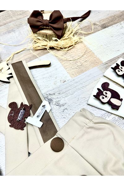Feriatolye Beige brown baby boy salopette squirrel concept birthday outfit