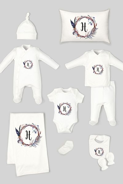 Tuğba Kuğu Organic 10-Piece Interlock Hospital Exit - Letter Series - Navy Blue Floral - Letter L