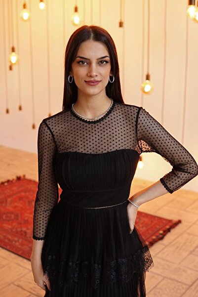 SpringStore Black Tulle Lace Long Evening Dress