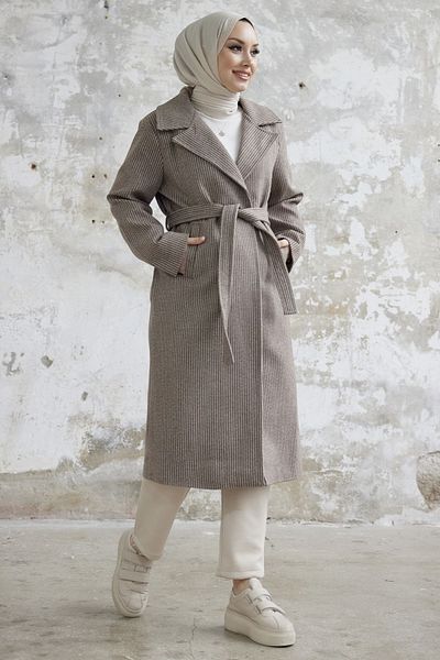 InStyle Παλτό με ριγέ μοτίβο Simon με ζωσμένο κασιού - Καφέ