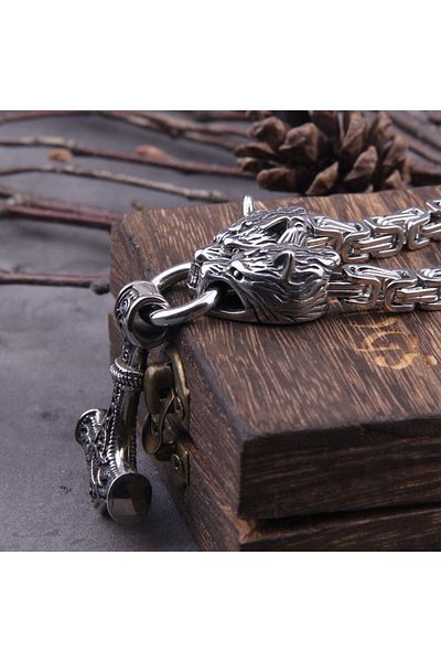 Viking Gray Wolf Head Scandinavian Motif Thor Mjollnir & King Chain 316l Steel Necklace