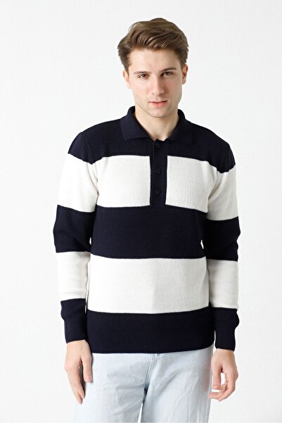 F&K Örme 81100 Смугастий трикотажний светр з поло-коміром