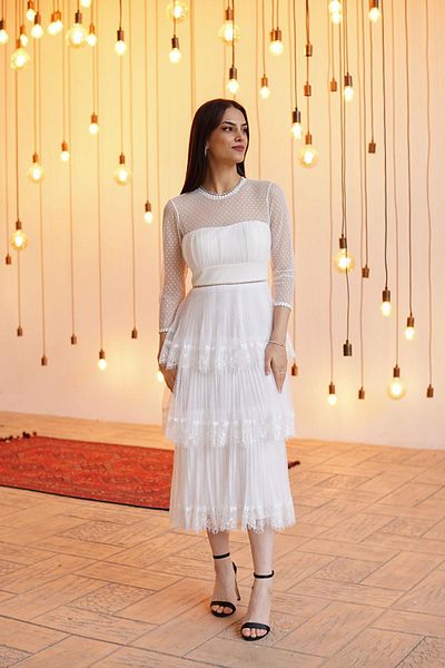 SpringStore Ecru Tulle Lace Long Evening Dress