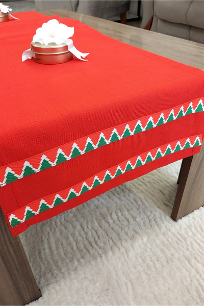 CAMİNHO DA LUA Lüks Natür Keten ve Yılbaşı Özel Tasarım Runner Masa Ve Dekoratif Sunum Örtüsü Kırmızı