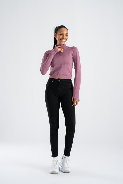 GYMXPRO Crop cu mânecă lungă, fără cusături, cu fermoar scurt, elastic