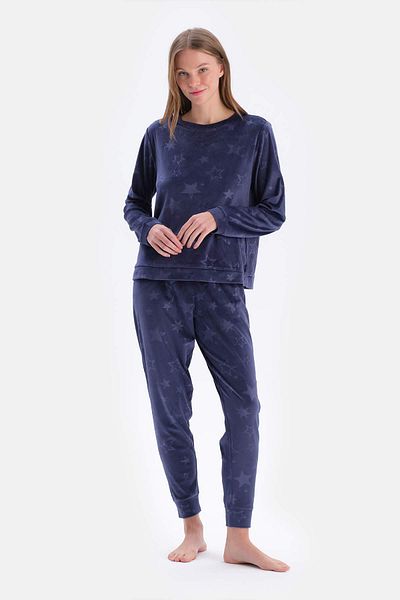 Dagi Navy Blue Seersucker Star Detailed Knitted Pajama Set
