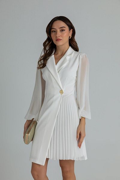 vuvutasarım Double Breasted Jacket Collar with Pleated Skirt Wrap Cut Tulle Detailed Long Sleeve White Dress 24K2169