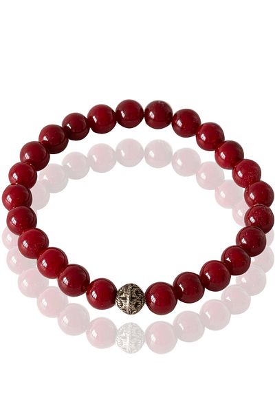 Tesbih Atölyesi Certified Dark Color Red Agate Stone Bracelet - With Silver Device
