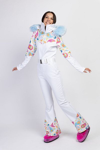 serpildinc Sd White Shawl Patterned Hooded Ski Jumpsuit