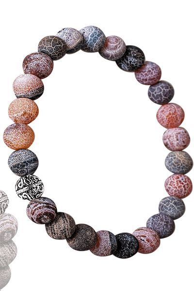 Tesbih Atölyesi Raw Red Black Agate Stone Bracelet - Certified with Silver Apparatus
