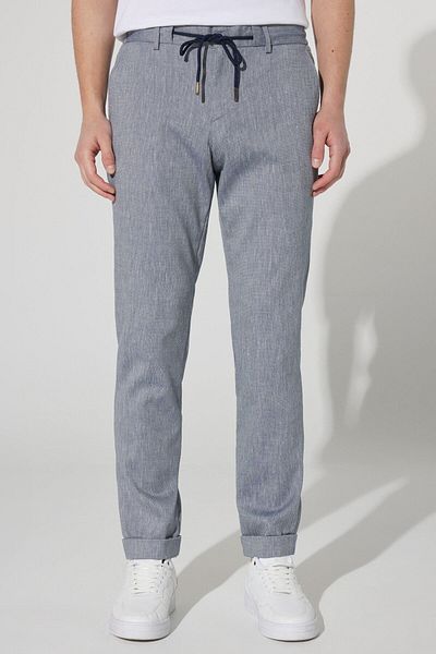 ALTINYILDIZ CLASSICS Pánské kalhoty Jogger Slim Fit Slim Fit Linen Blend v námořnické modré barvě se zavazováním v pase