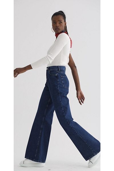 DRC trend Jameila Lycra Women's Navy Blue Super High Waist Loose Leg Denim Jeans Palazzo Pants