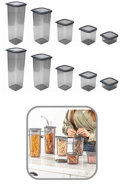 Eynel Set of 10 Gray Square Storage Container Silicone Lid Airtight Dry Legume Coffee Pulses Pasta Box
