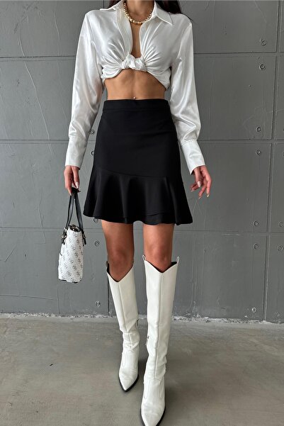 FEMELLE Fustă neagră cu volantă din Lycra pentru femei (42 cm)