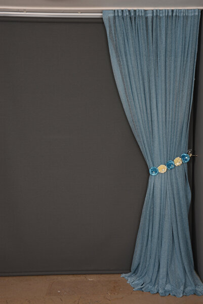 AKÇA TEKSTİL NARROW BLUE COLOR SINGLE WING Ready-made Planted Pleated Background Curtain 75*260 cm