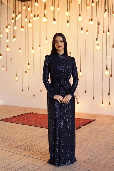 SpringStore Rochie de seară hijab cu mâneci bleumarin cu pene și paiete