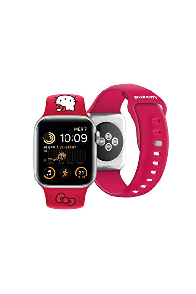 Hello Kitty Apple Watch 38mm Uyumlu Lisanslı Yazı Logolu Fiyonk & Kitty Head Silikon Kordon