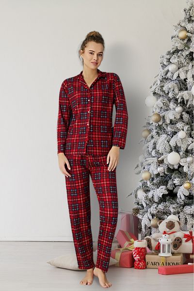 Farya Home Álmodozó karácsonyi pamut velúr karácsonyi témájú kockás pizsama szett