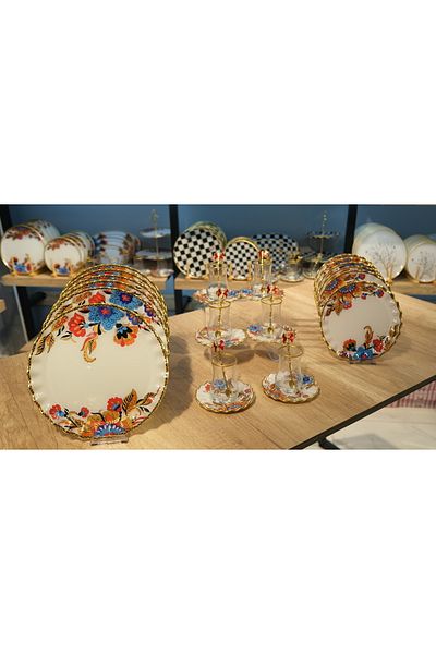 PONCİKPAZAR White Flower Ruffle Serving Plate Set for 6