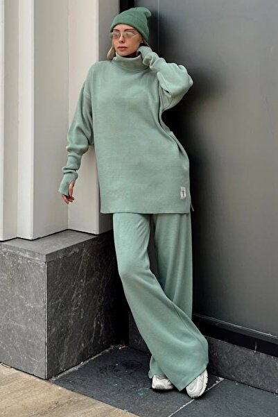 lovebox Knitwear Fabric Turtleneck Hand-stitched Oversize Sweater and High Waist Trousers Mint Top and Bottom Set 004