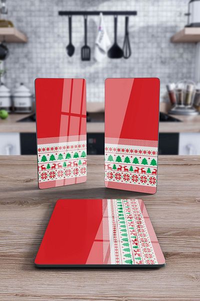 Decovetro New Year's Pattern - Set of 3 Rectangular Plaid Plates, Glass Presentation Service
