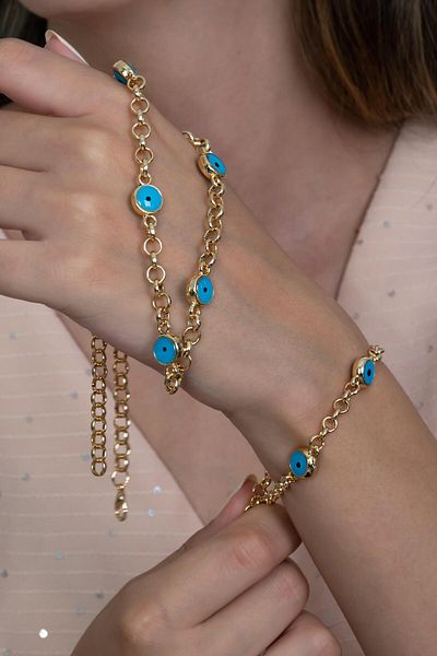 Takı Dükkanı Evil Eye Beaded Necklace Bracelet and Earring Triple Set bbs01