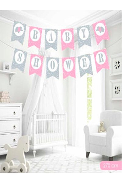 Kazanabil Baby Shower Yazılı Flama Bayrak Sıralı Duvar Süsü Pembe