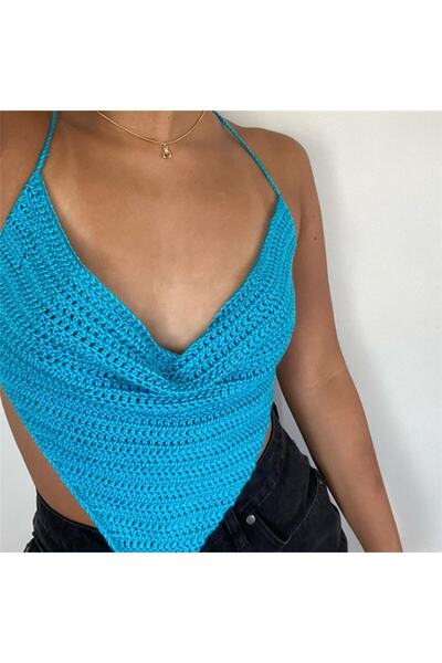 Gia Mendil V Kesim Degaje Yaka Örme Kroşe Bağlamalı Sırt Dekolteli Bluz