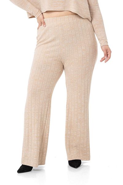 DISENTIS MODEST Large Size Wide Leg Elastic Waist Ribbed Knitwear Beige Trousers