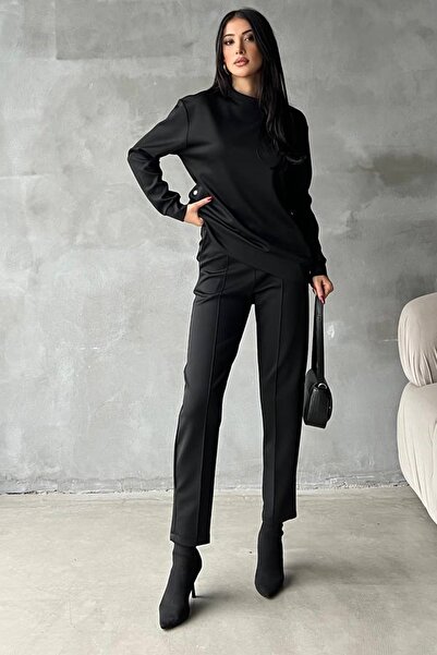 lovebox Flexible Scuba Fabric Side Snap Detail Sweatshirt And Short Skinny Leg Trousers Bottom Top Black Suit 650
